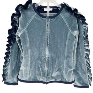 MonnaLisa Girls Blue Velvet Ruffle Bomber Jacket 6